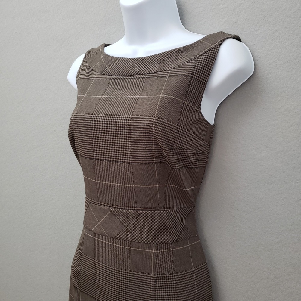 H&M 6 Sheath Dress Brown Glen Plaid Boat Neck Sleeveless Retro Academia Preppy - Picture 13 of 16